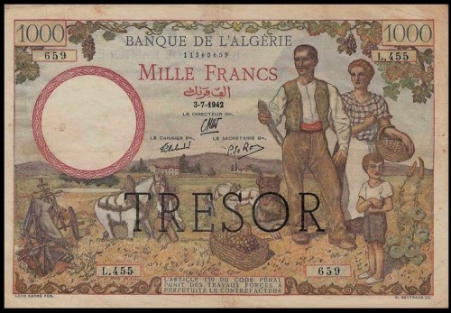 455 надпечатка TRESOR на банкноте Алжира 1942 года достоинством 1000 франков
