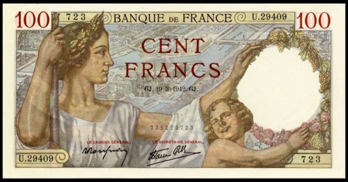 723 на банкноте Франции 1940 года достоинством 100 франков