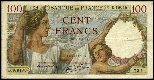 724 на банкноте Франции 1941 года достоинством 100 франков