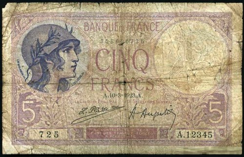 725 на банкноте Франции 1923 года достоинством 5 франков