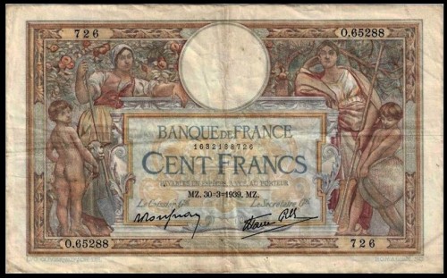 726 на банкноте Франции 1939 года достоинством 100 франков