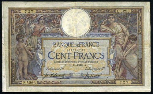 727 на банкноте Франции 1918 года достоинством 100 франков