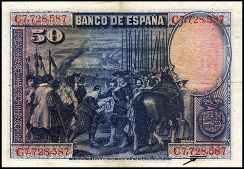 728 на банкноте Испании 1928 года достоинством 50 песет