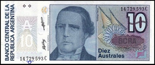 729 на банкноте Аргентины 1985 1989 года достоинством 10 аустралей