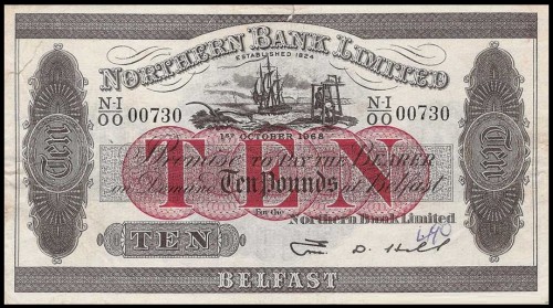 730 банкнота Северной Ирландии 1968 года достоинством 10 фунтов