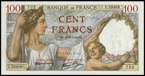 732 на банкноте Франции 1942 года достоинством 100 франков