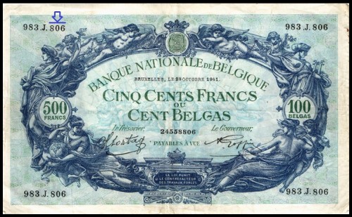 806 на банкноте Бельгии 1941 года достоинством 500 франков или 100 белгасов