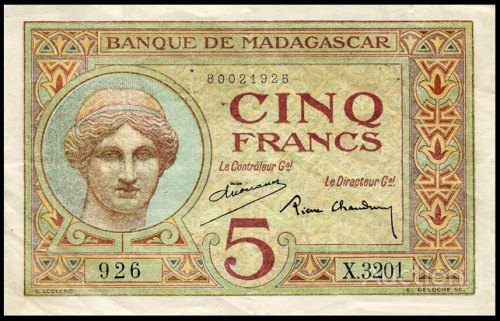 926 на банкноте Мадагаскара 1926 года достоинством 5 франков