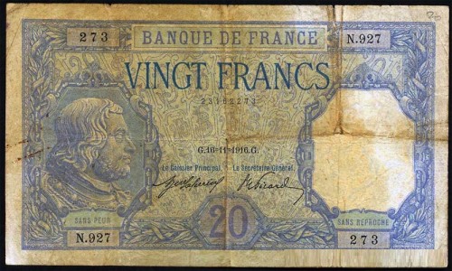 927 на банкноте Франции 1916 года достоинством 20 франков