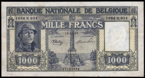 1086 на банкнотн Бельгии 1945 года достоинствлом 1000 бельгийских франков