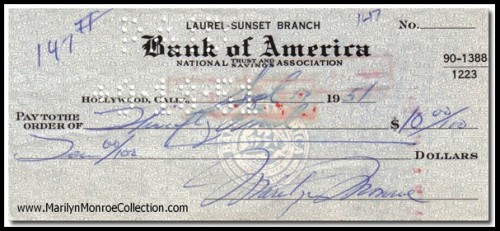 1223 на чеке банка США, подписанном Мерлин Монро