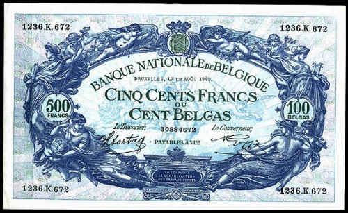 1236 на банкноте Бельгии 1942 года достоинством 500 франков или 100 белгасов