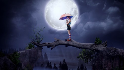 girl with umbrella big moon digital art 5k po 3840x2160