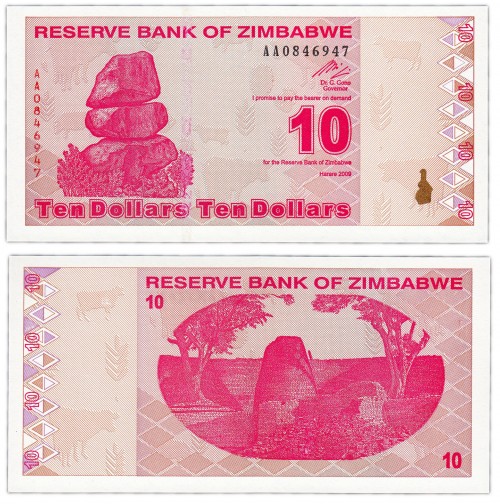 Зимбабве 10 долларов 2009 130р