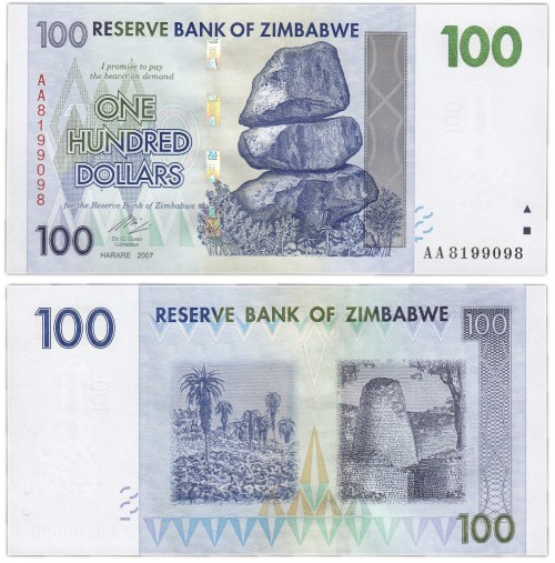 Зимбабве 100 долларов 2007 220р