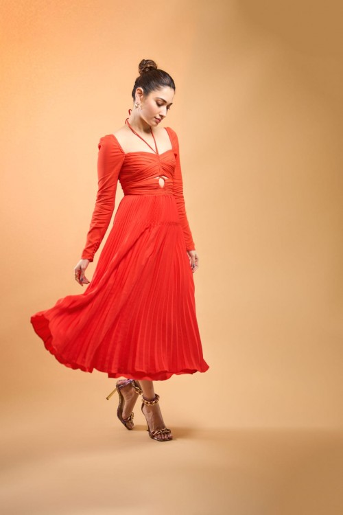tamanaah bhatia orange dress look