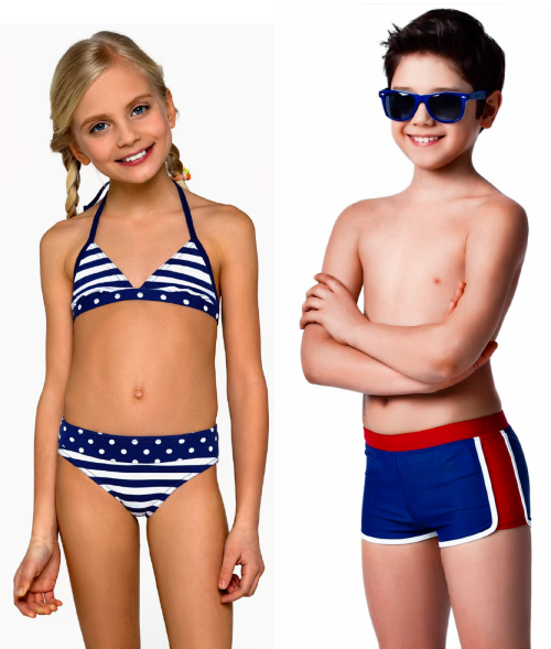 Мальчик Коля в синих плавках и девочка Катя в синем купальнике бикини
