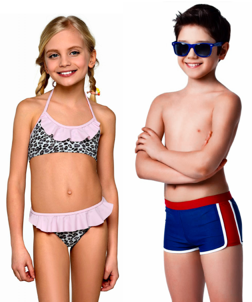 Мальчик Коля в синих плавках и девочка Катя в купальнике бикини